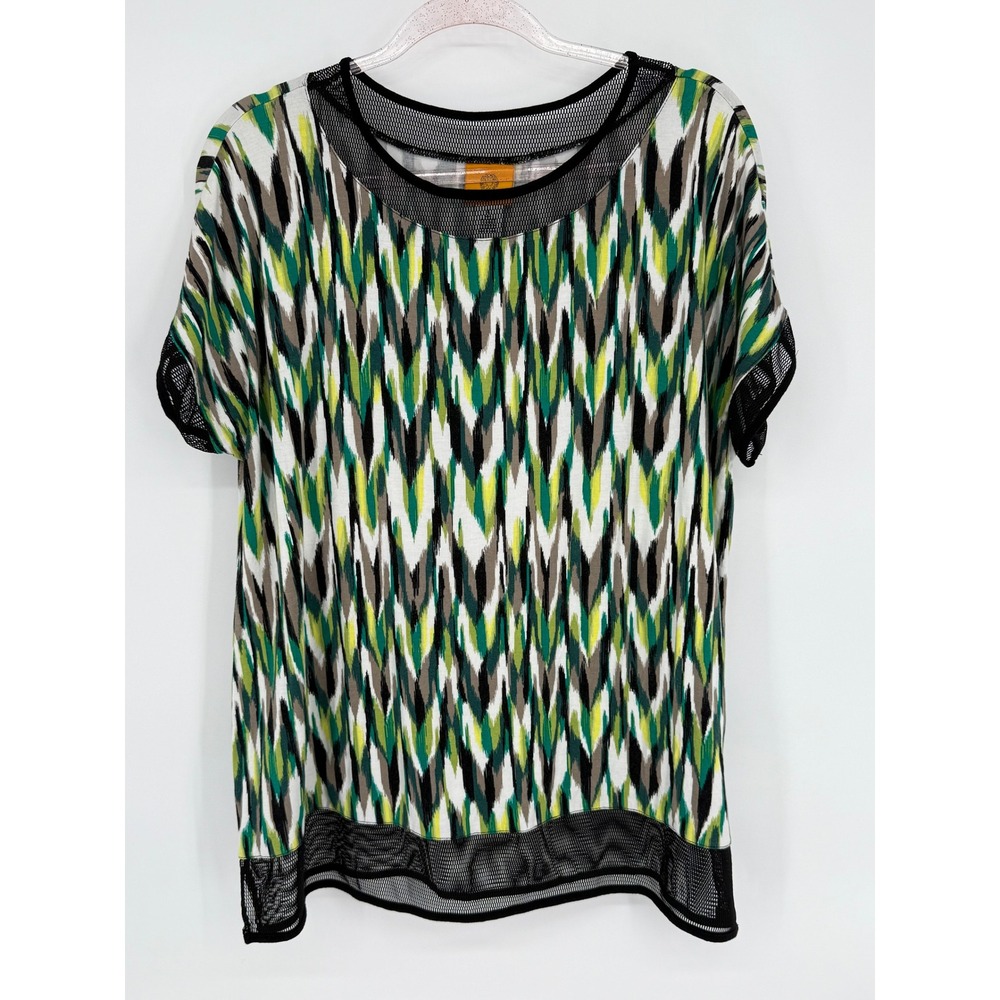 Ruby Rd Women's Top Size L Green Abstract Print Mesh Trim Short Sleeve